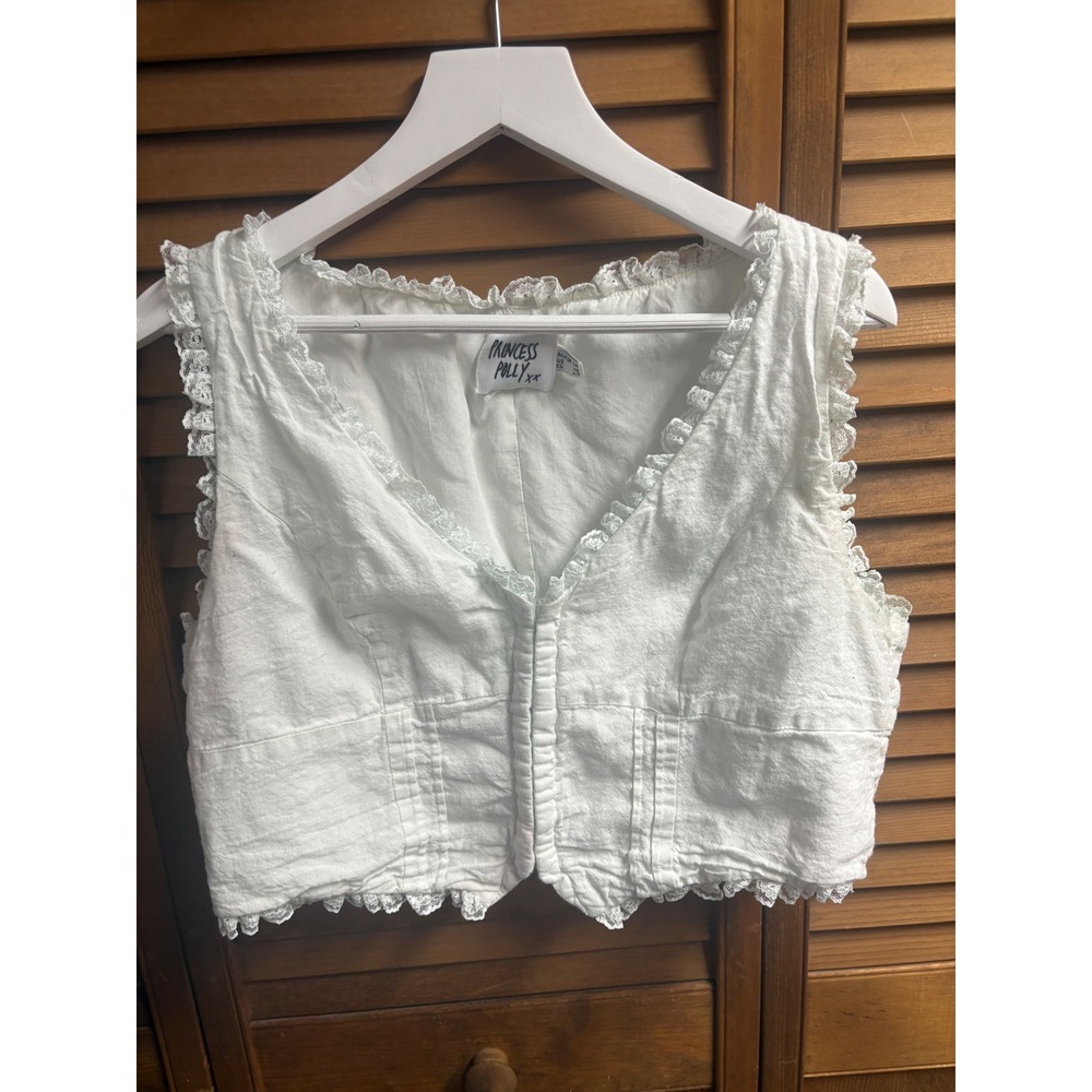 Princess‎ Polly White Lace Trim Hook Eye Front Linen Blend Crop Top US 10